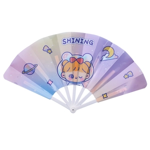 Portable folding fan with cartoon astronaut girl design and purple blue gradient finish