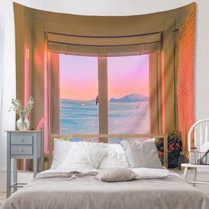 Détail de tapisserie bohème avec vue sur mer au coucher du soleil pour chambre