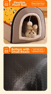 Close-up of interactive plush ball and anti-slip moisture-proof bottom on the cat house