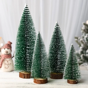 Mini cedar Christmas trees with snow effect and wooden base for festive table decoration