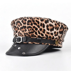 Fashionable leopard print military cap with black leather brim and silver rivet details