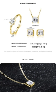 Detailed view of S925 sterling silver set with square zirconia ring necklace and earrings