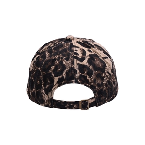 Back view of leopard print baseball cap featuring an adjustable metal buckle strap
