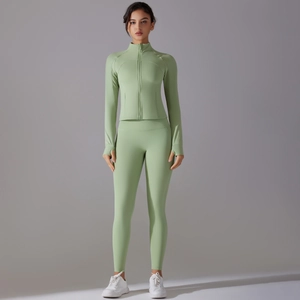 Slim fit sage green yoga set with long sleeve zip jacket and high waisted leggings
