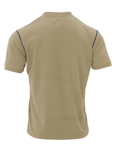 Detail of khaki polo shirt with breathable pique fabric texture and raglan sleeve stitching
