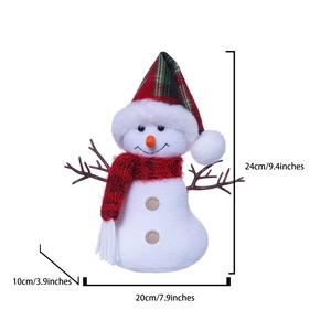 Detailed size view of sitting snowman plush with red plaid hat, height 24cm and width 20cm