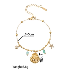 Detail of stainless steel bracelet with shell and star pendants showing 16+5cm size