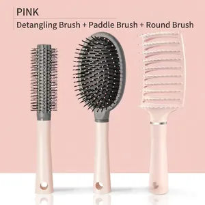 Pink 3-piece hairbrush set including vent brush, paddle brush, and round styling brush