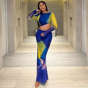Abstract Print Mesh Crop Top And Maxi Skirt Flare Sleeve Ruched High Waist Long Dress Chic Outfits For Women