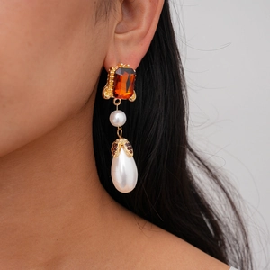 Vintage gold earrings with amber gemstone and elegant white teardrop pearl drops
