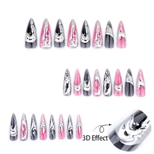 Long stiletto press-on nails with silver 3D liquid metal design and black ombre effect