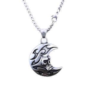 Gothic punk moon and skull pendant necklace in vintage silver steel with intricate engraving