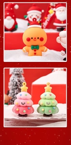 Detail of cartoon gingerbread man and flocked Christmas tree charms with festive props