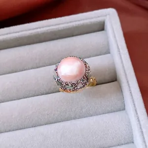 18k gold plated ring with pink pearl and colorful opal inlay in velvet jewelry box