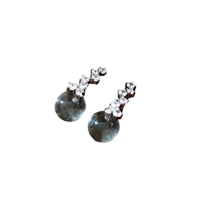 French silver needle earrings with zircon and dark gray translucent round pendant