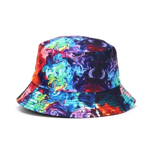 Detail of colorful tie-dye bucket hat with vibrant abstract oil painting pattern