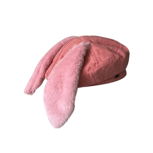 Béret en denim rose avec d'adorables oreilles de lapin en peluche pour femmes