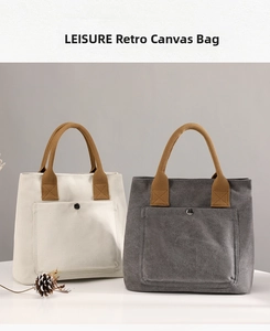 Casual canvas tote bag for women, retro style handbag with front pocket, grey and off-white