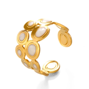 Gold geometric open ring with multiple circles and a pearl white oval inlay for women