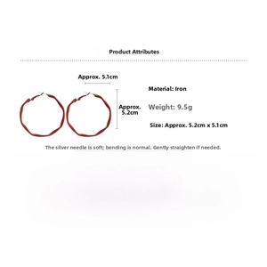Detail view of red matte twisted hoop earring showing dimensions and iron material specs