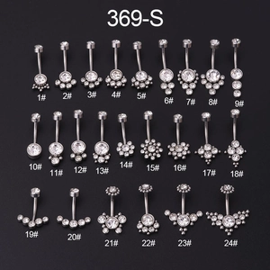 Selection of 24 stainless steel navel rings with cubic zirconia on black background