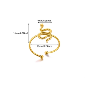 Detailed size chart for gold snake-shaped open ring showing height and inner diameter