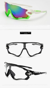 Detail of cycling sunglasses showing rainbow polarized lenses and ventilated frame arms