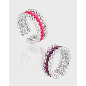 Multilayer S925 sterling silver beaded ear cuffs with pink and purple enamel accents