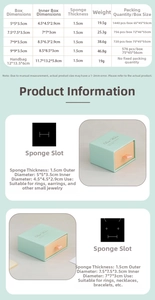 Detailed size chart for jewelry drawer boxes with inner and outer dimensions and weights
