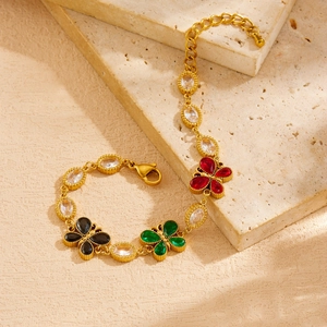 Gold plated stainless steel chain bracelet with colorful butterfly marquise gemstones