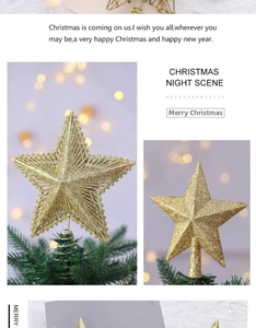 Close-up of golden hollow star tree topper on a Christmas tree with warm bokeh lighting