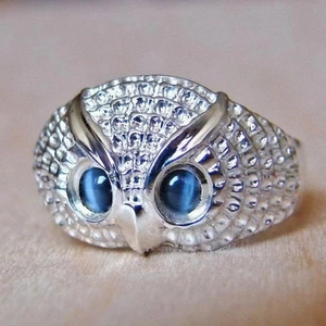 Retro Owl Head Ring Silver Plated Copper With Blue Cat Eye Stones Vintage Animal Jewelry For Unisex