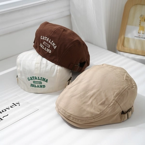 Vintage kids beret hats with 1983 embroidery in coffee, beige, and khaki colors