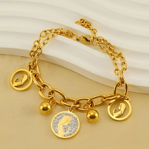 Double-layered 18K gold plated stainless steel bracelet with portrait coin charms