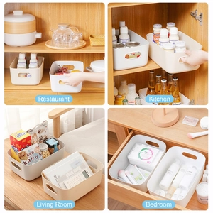 Versatile white plastic storage baskets with handles shown in various home organization settings