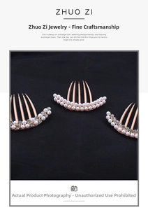 Three-piece rose gold pearl hair side combs with rhinestones on black background