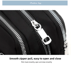 Detail showing smooth silver metal zippers on durable printed oxford cloth handbag