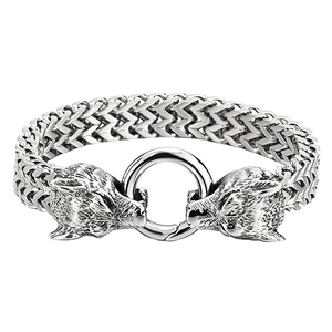 Silver Viking wolf head Franco link bracelet with metallic weave design on white background
