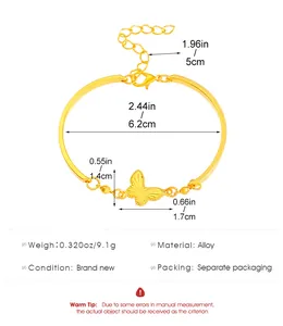 Size chart showing gold butterfly bracelet dimensions with adjustable chain length