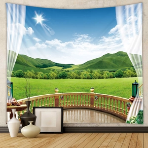 Detail of bohemian nature tapestry showing scenic green hills through a white curtain window