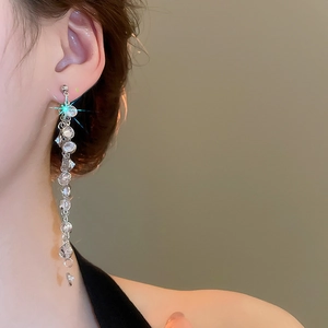 Model wearing silver tassel earrings with round cubic zirconia crystals in a side view