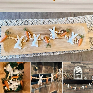 Country style Easter wood bead garland with bunny and carrot charms in various settings