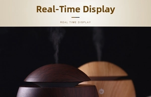 Ultrasonic wood grain humidifier showing vapor mist with two color finish options