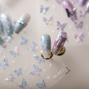 Iridescent butterfly nail art stickers with laser purple and blue gradient effects