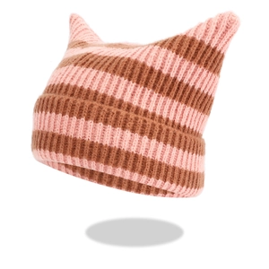Detailed view of pink and brown striped knit cat ear beanie with soft ribbed texture