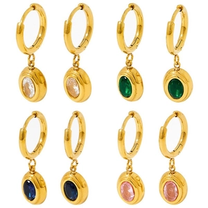 Classic gold stainless steel hoop earrings set with oval emerald and zircon pendants