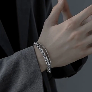 Double-layer stainless steel keel bracelet featuring a silver woven chain and fine bead link