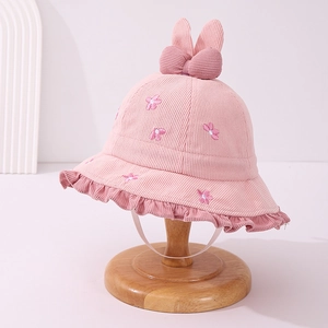 Dettagli del cappello alla pescatora rosa per neonata in velluto a coste con orecchie da coniglio