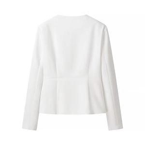 Rear view of white women's tailored blazer with cinched waist and structured seams