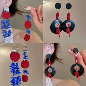 Boucles Oreilles Pendantes Asymétriques Avec Tige En Argent Sterling 925 Rose Rouge Bleu Géométrique Cuir Artistique